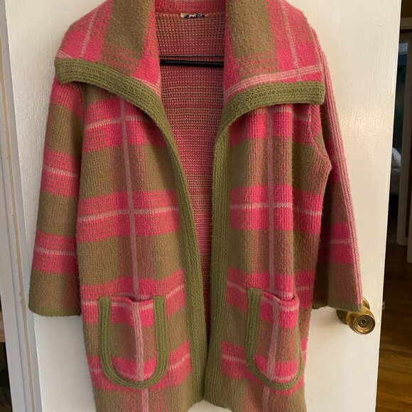 Vintage Pink Beige Plaid Wool Open Collared Pockets Cardigan Sweater - S - Picture 1 of 4